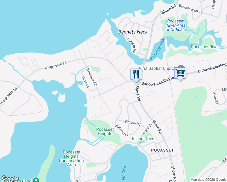 map of restaurants, bars, coffee shops, grocery stores, and more near 415 Barlows Landing Road in Bourne