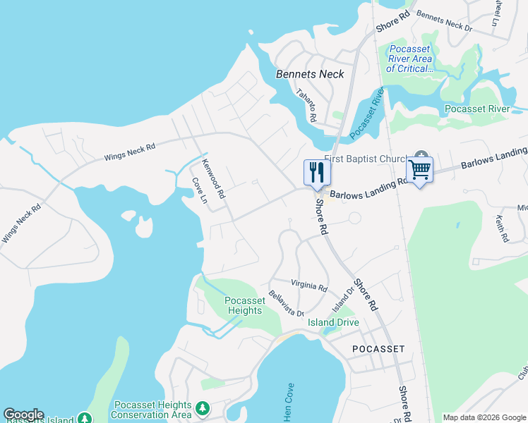 map of restaurants, bars, coffee shops, grocery stores, and more near 415 Barlows Landing Road in Bourne