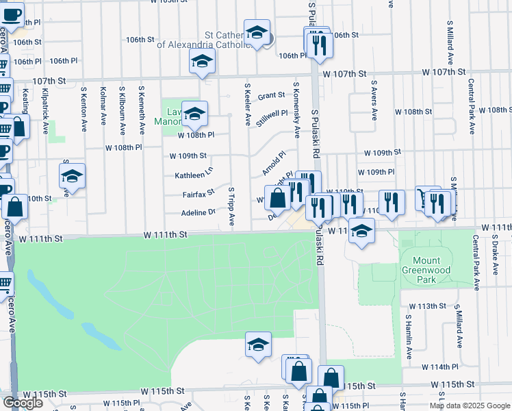 map of restaurants, bars, coffee shops, grocery stores, and more near 11015 South Keeler Avenue in Oak Lawn