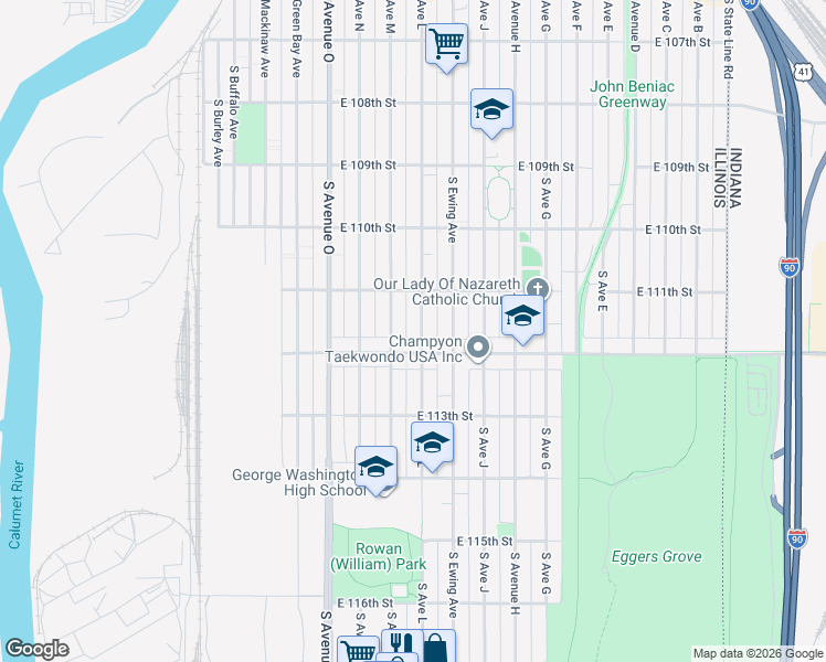 map of restaurants, bars, coffee shops, grocery stores, and more near 11138 South Avenue L in Chicago