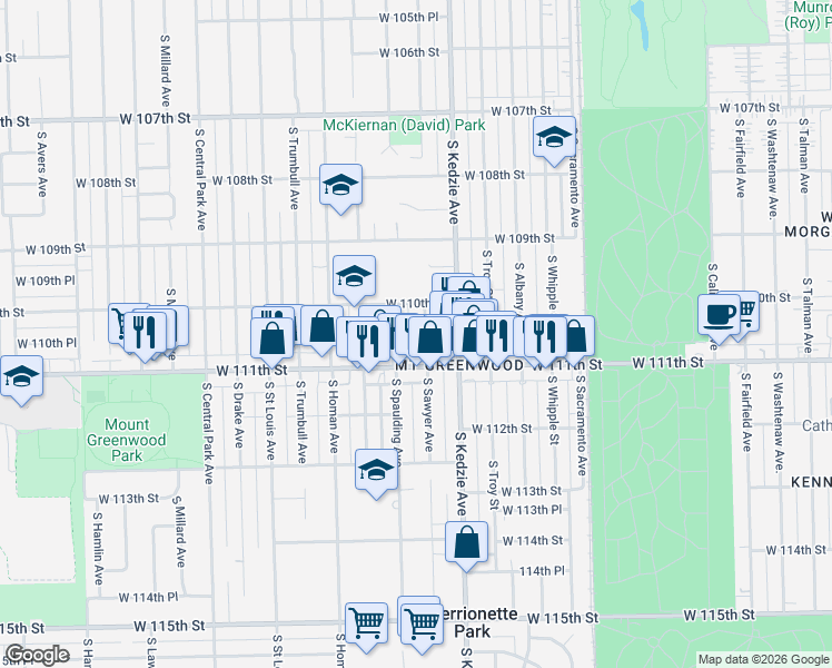 map of restaurants, bars, coffee shops, grocery stores, and more near 11029 South Sawyer Avenue in Chicago
