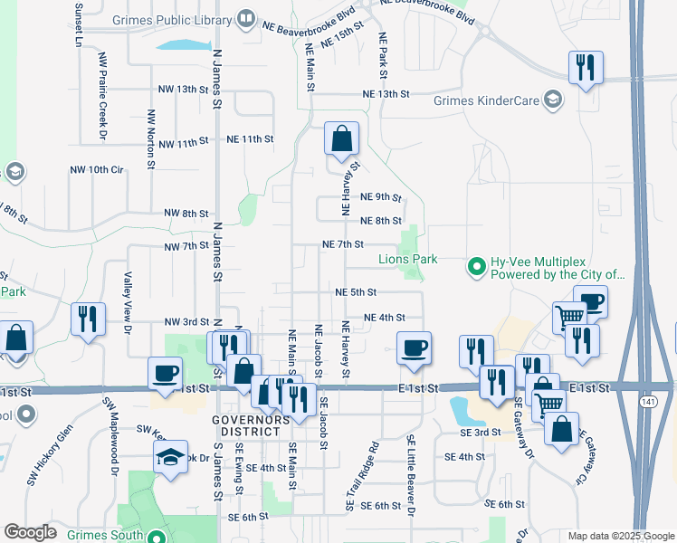 map of restaurants, bars, coffee shops, grocery stores, and more near 512 Northeast Harvey Street in Grimes
