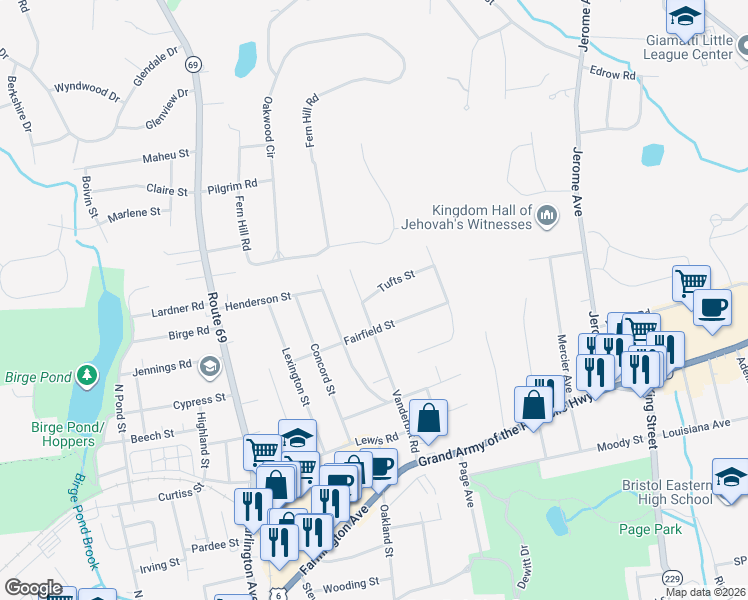 map of restaurants, bars, coffee shops, grocery stores, and more near 14 Tufts Street in Bristol