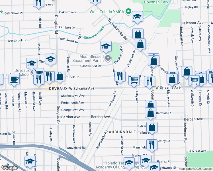 map of restaurants, bars, coffee shops, grocery stores, and more near 2158 West Sylvania Avenue in Toledo