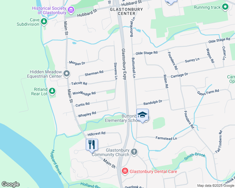 map of restaurants, bars, coffee shops, grocery stores, and more near 14 Stevens Lane in Glastonbury