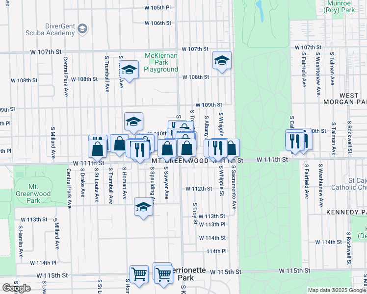 map of restaurants, bars, coffee shops, grocery stores, and more near 11031 S Kedzie Ave in Chicago