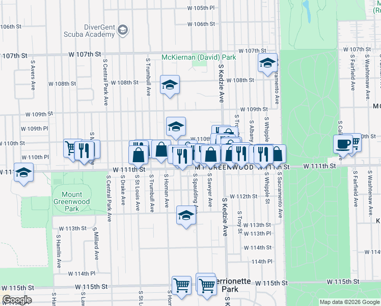 map of restaurants, bars, coffee shops, grocery stores, and more near 11028 South Spaulding Avenue in Chicago