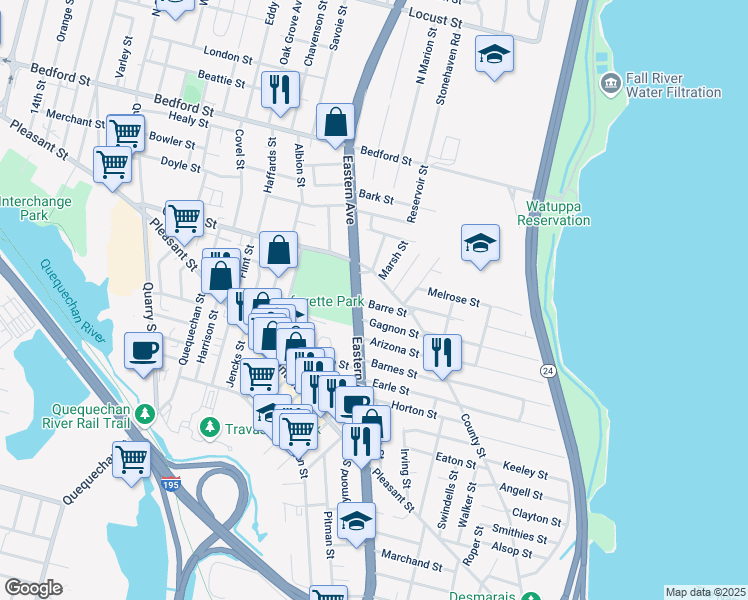 map of restaurants, bars, coffee shops, grocery stores, and more near 30 Barre Street in Fall River
