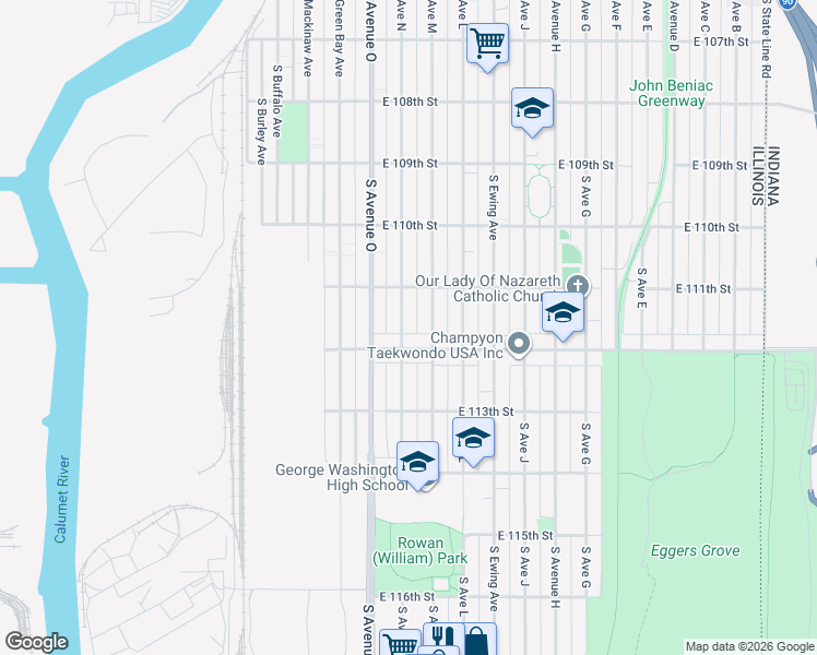 map of restaurants, bars, coffee shops, grocery stores, and more near 11139 South Avenue North in Chicago