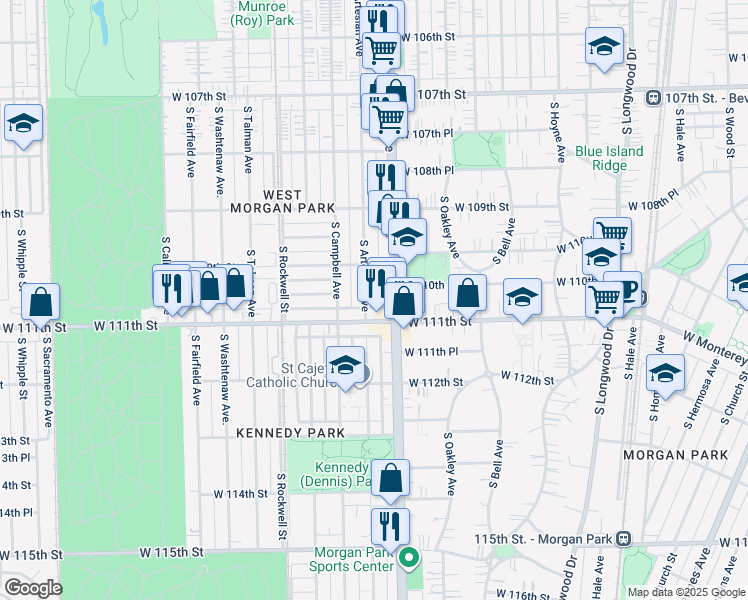 map of restaurants, bars, coffee shops, grocery stores, and more near 11021 South Artesian Avenue in Chicago