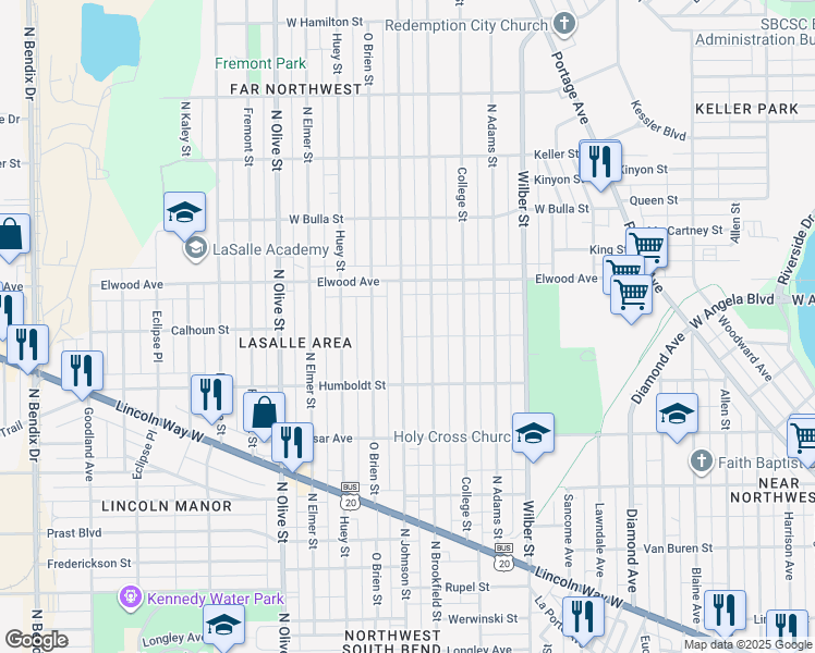 map of restaurants, bars, coffee shops, grocery stores, and more near 1322 North Johnson Street in South Bend