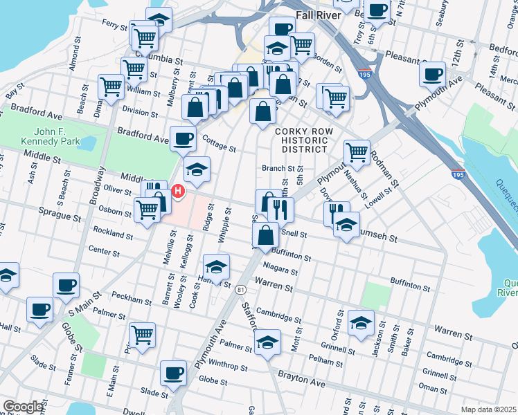 map of restaurants, bars, coffee shops, grocery stores, and more near 31 Lyon Street in Fall River