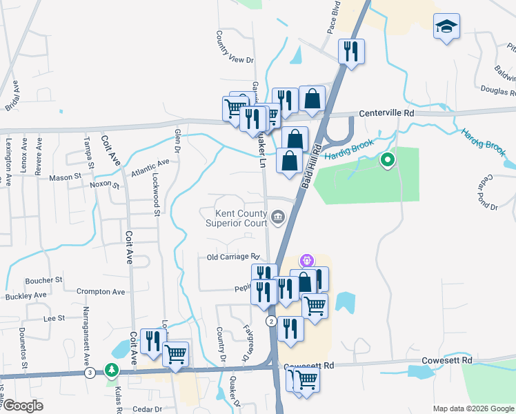 map of restaurants, bars, coffee shops, grocery stores, and more near 101 Quaker Lane in West Warwick