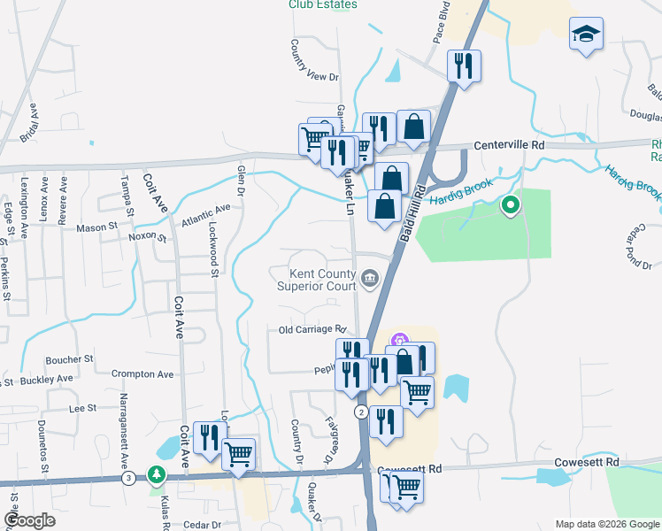 map of restaurants, bars, coffee shops, grocery stores, and more near 101 Quaker Lane in West Warwick