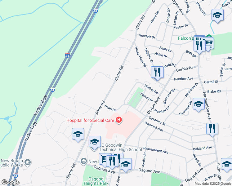 map of restaurants, bars, coffee shops, grocery stores, and more near 985 Slater Road in New Britain