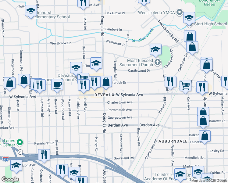 map of restaurants, bars, coffee shops, grocery stores, and more near 2428 West Sylvania Avenue in Toledo
