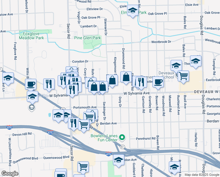 map of restaurants, bars, coffee shops, grocery stores, and more near 4020 Stannard Drive in Toledo