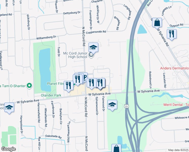 map of restaurants, bars, coffee shops, grocery stores, and more near 6556 Abbey Run in Sylvania