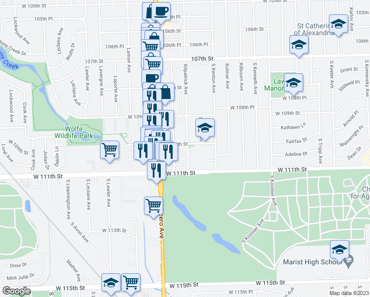 map of restaurants, bars, coffee shops, grocery stores, and more near 11001 Keating Avenue in Oak Lawn