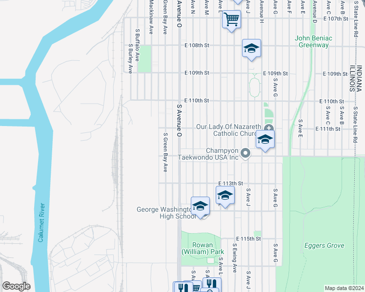 map of restaurants, bars, coffee shops, grocery stores, and more near 11139 South Avenue O in Chicago