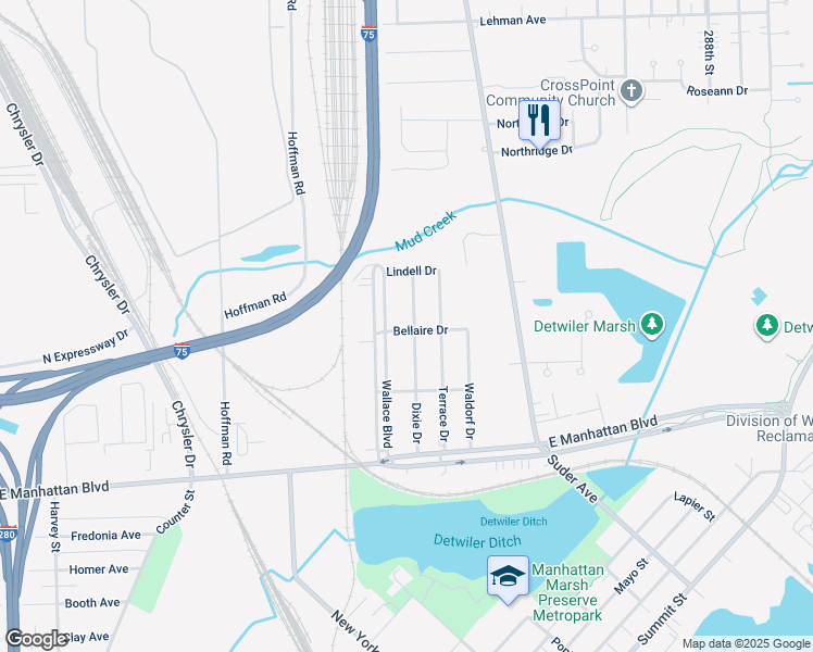 map of restaurants, bars, coffee shops, grocery stores, and more near 3703 Dixie Drive in Toledo