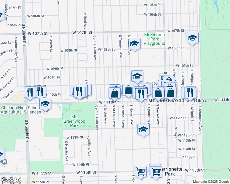 map of restaurants, bars, coffee shops, grocery stores, and more near 11025 South Saint Louis Avenue in Chicago
