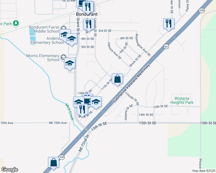 map of restaurants, bars, coffee shops, grocery stores, and more near 307 11th Street Southeast in Bondurant