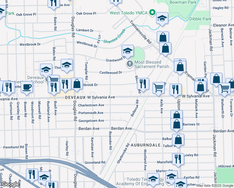 map of restaurants, bars, coffee shops, grocery stores, and more near 2238 West Sylvania Avenue in Toledo