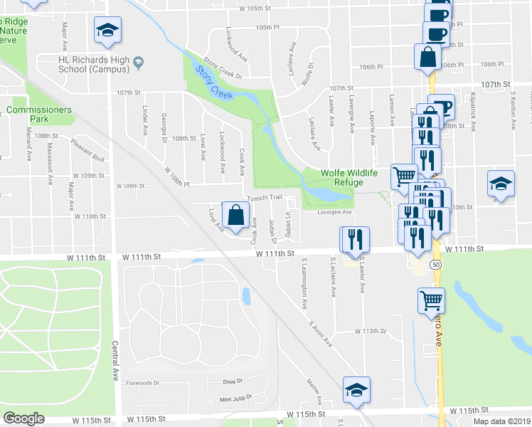 map of restaurants, bars, coffee shops, grocery stores, and more near 10948 Jodan Drive in Oak Lawn