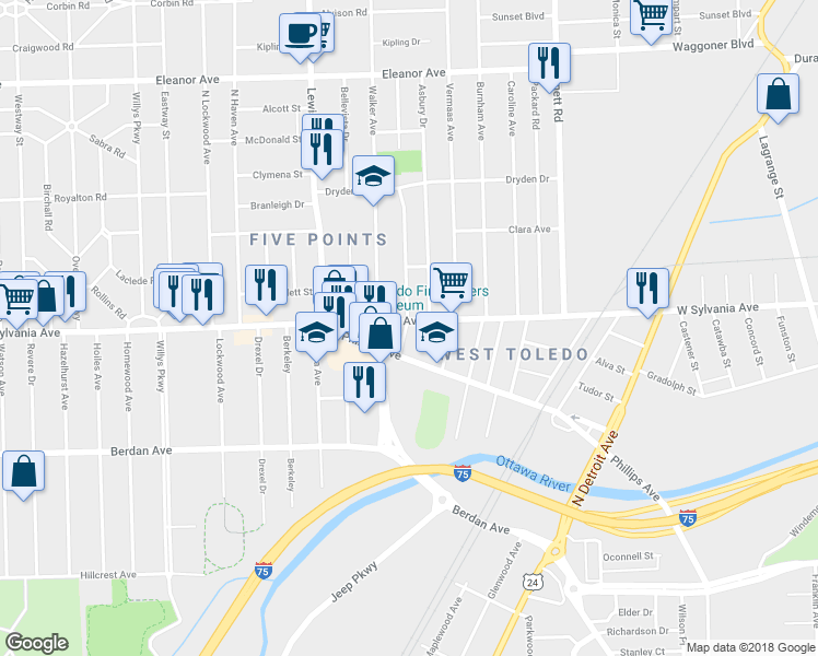 map of restaurants, bars, coffee shops, grocery stores, and more near 747 W Sylvania Ave in Toledo
