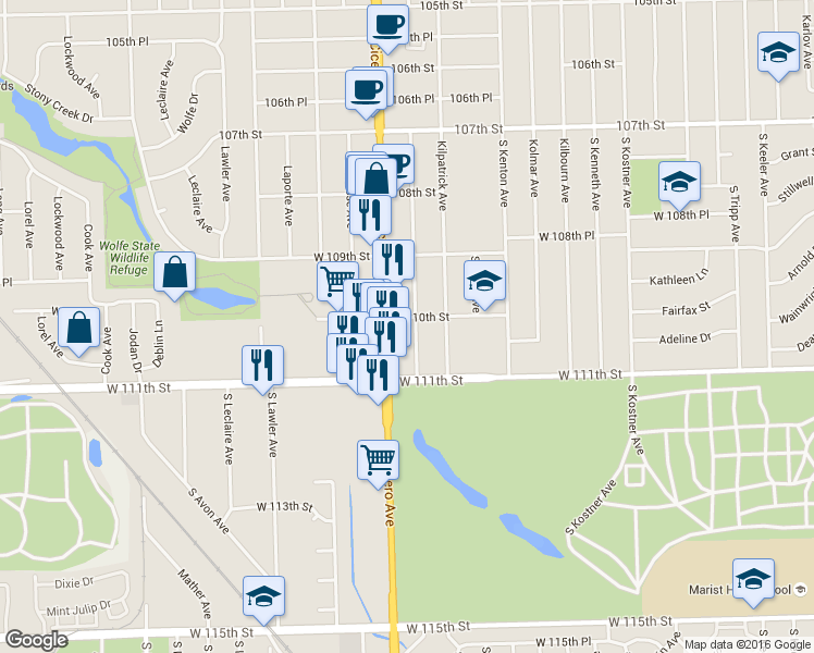 map of restaurants, bars, coffee shops, grocery stores, and more near 11000 Keating Avenue in Oak Lawn