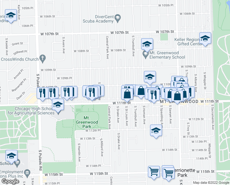 map of restaurants, bars, coffee shops, grocery stores, and more near 11022 South Drake Avenue in Chicago