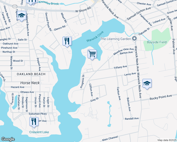 map of restaurants, bars, coffee shops, grocery stores, and more near 439 Tiffany Avenue in Warwick