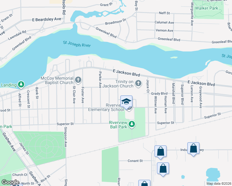 map of restaurants, bars, coffee shops, grocery stores, and more near 153 Riverview Avenue in Elkhart