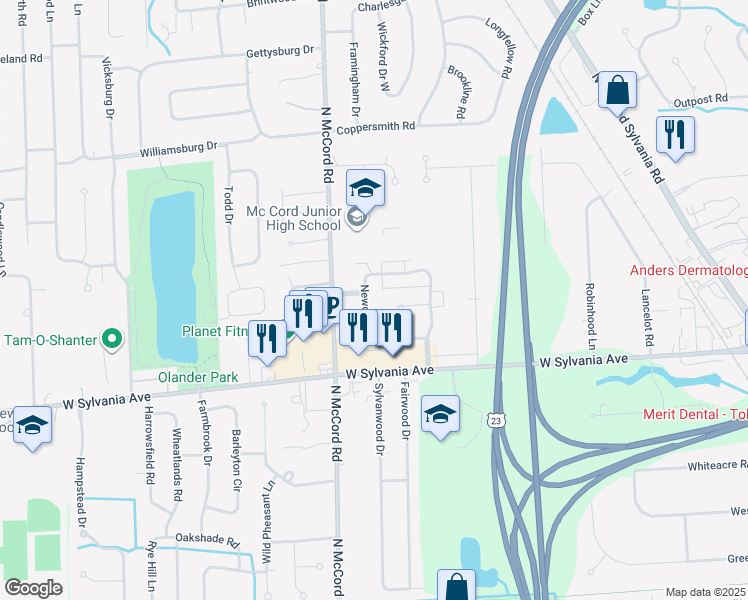 map of restaurants, bars, coffee shops, grocery stores, and more near 6556 Abbey Run in Sylvania