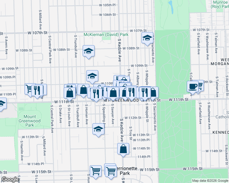 map of restaurants, bars, coffee shops, grocery stores, and more near 11029 South Sawyer Avenue in Chicago
