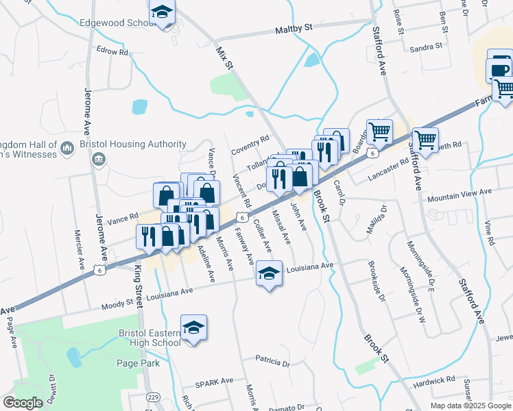 map of restaurants, bars, coffee shops, grocery stores, and more near 771 Farmington Avenue in Bristol