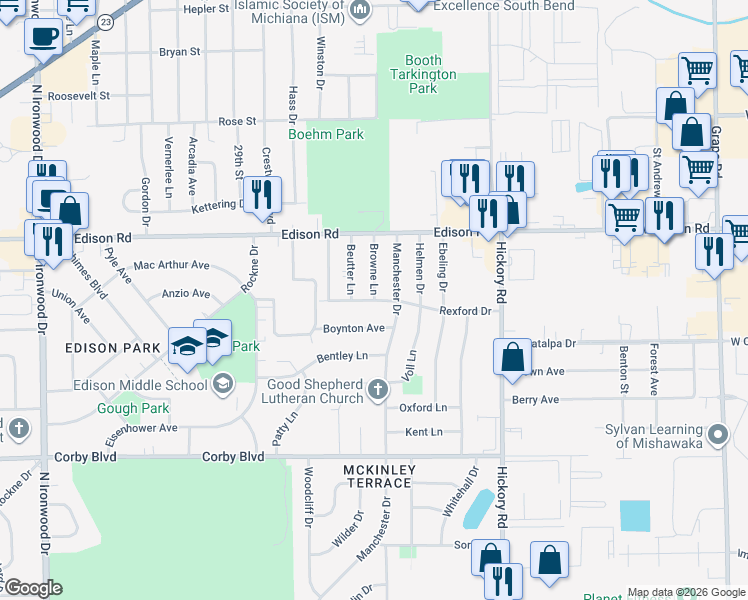map of restaurants, bars, coffee shops, grocery stores, and more near 3222 Rexford Drive in South Bend