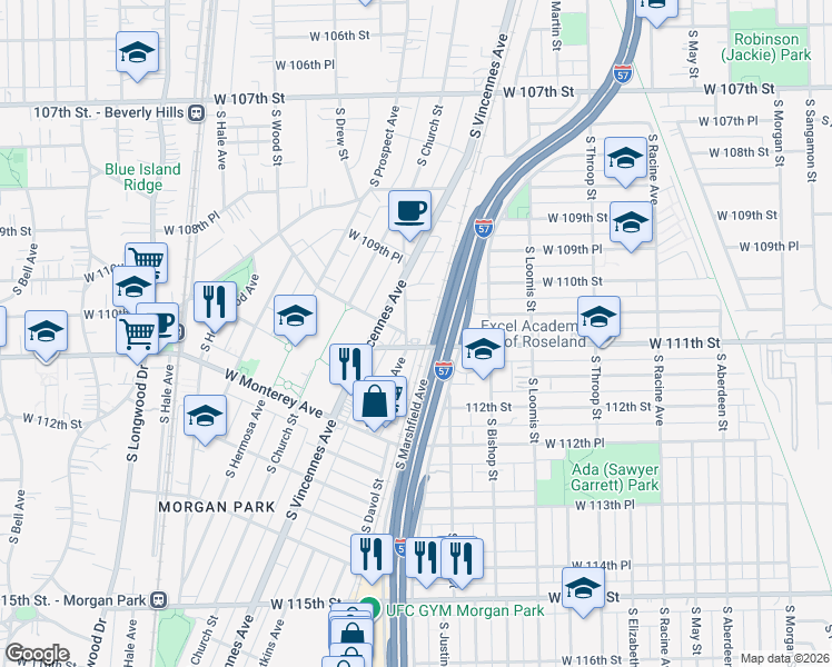 map of restaurants, bars, coffee shops, grocery stores, and more near 11047 South Ashland Avenue in Chicago