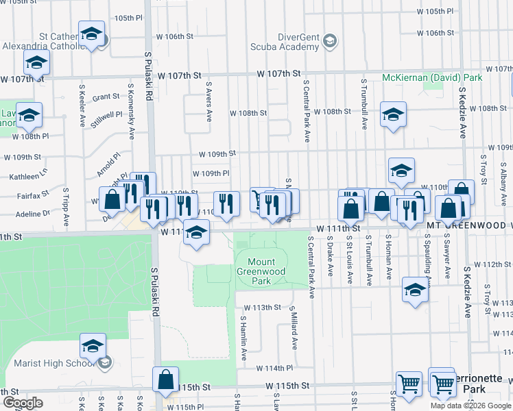 map of restaurants, bars, coffee shops, grocery stores, and more near 11021 South Ridgeway Avenue in Chicago