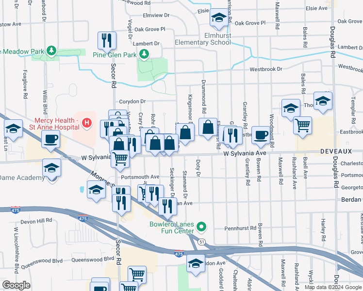 map of restaurants, bars, coffee shops, grocery stores, and more near 4020 Stannard Drive in Toledo
