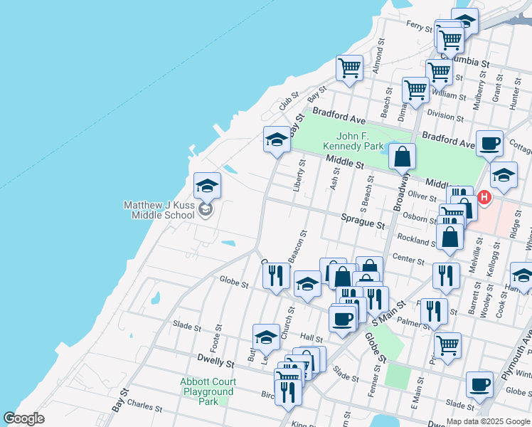 map of restaurants, bars, coffee shops, grocery stores, and more near 566 Bay Street in Fall River