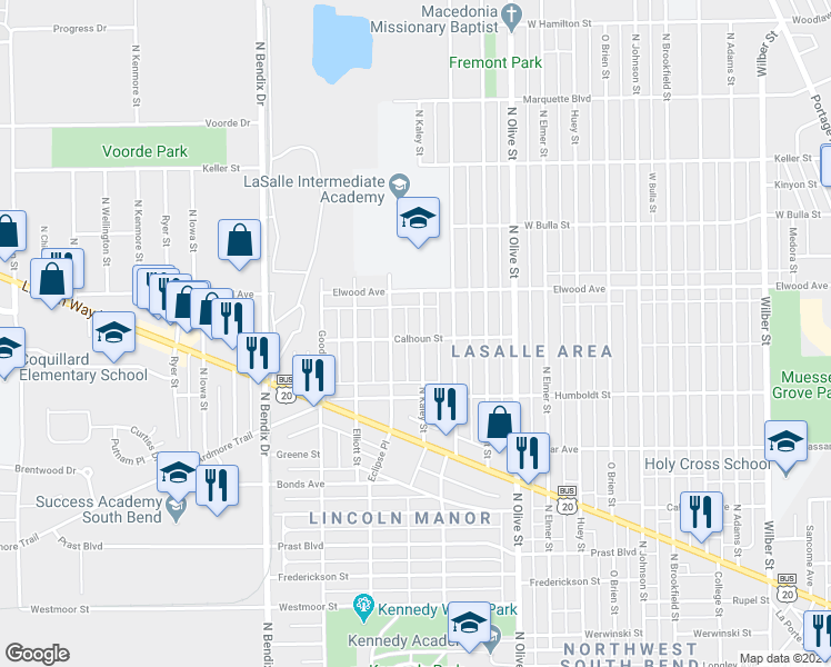 map of restaurants, bars, coffee shops, grocery stores, and more near 1301 North Kaley Street in South Bend