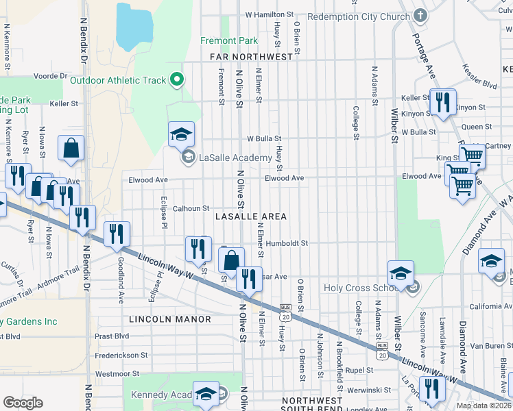 map of restaurants, bars, coffee shops, grocery stores, and more near 1321 North Elmer Street in South Bend
