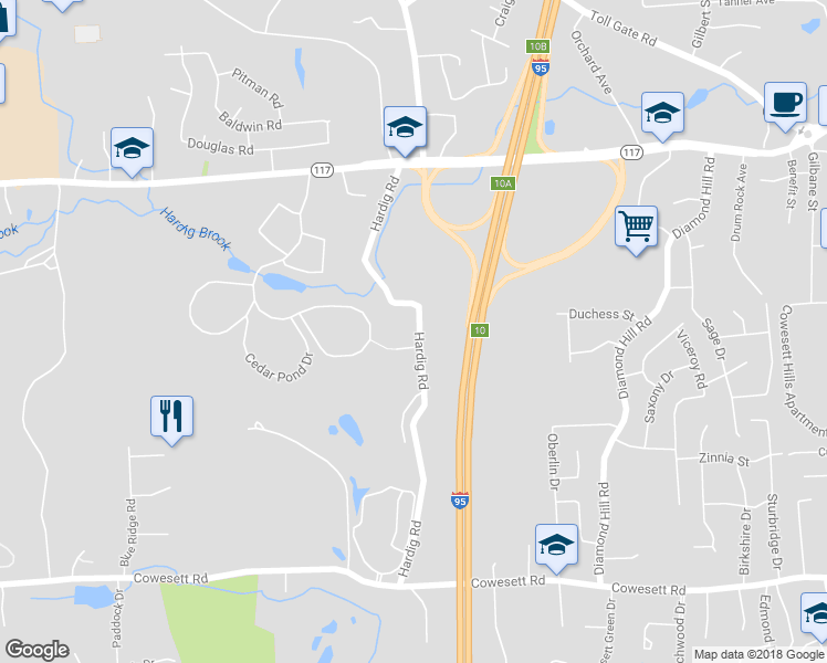 map of restaurants, bars, coffee shops, grocery stores, and more near 221 Hardig Road in Warwick