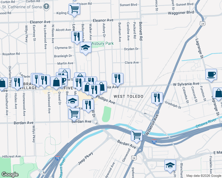 map of restaurants, bars, coffee shops, grocery stores, and more near 705 West Sylvania Avenue in Toledo