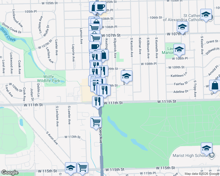 map of restaurants, bars, coffee shops, grocery stores, and more near 11001 Keating Avenue in Oak Lawn