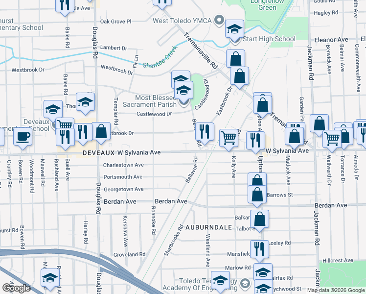 map of restaurants, bars, coffee shops, grocery stores, and more near 2158 West Sylvania Avenue in Toledo