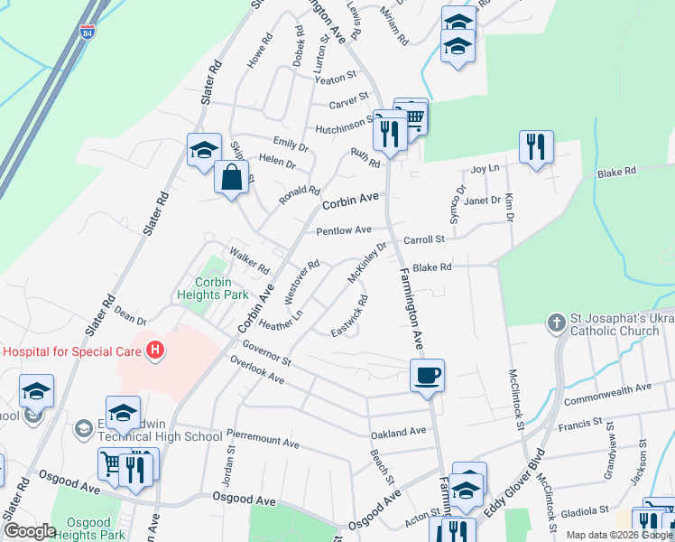 map of restaurants, bars, coffee shops, grocery stores, and more near 143 Heather Lane in New Britain