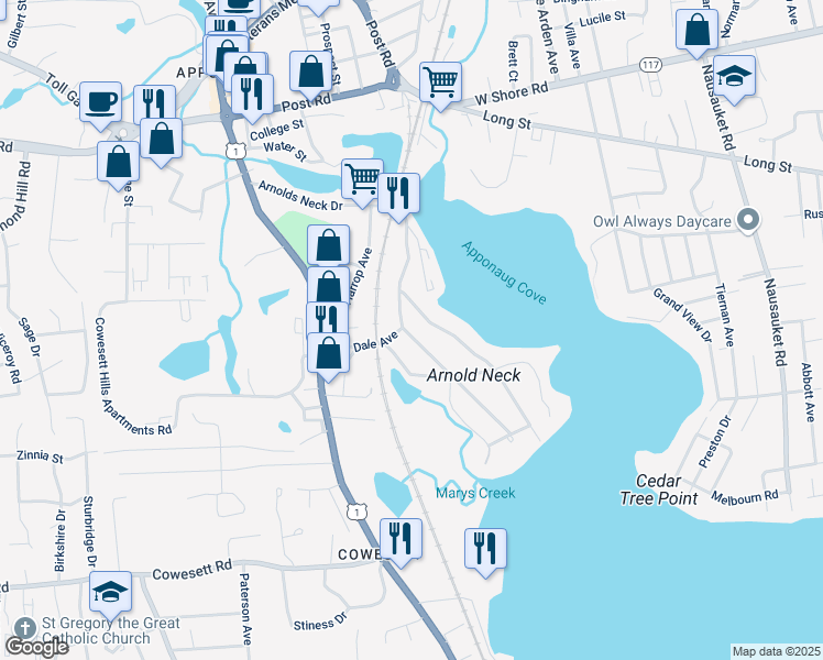 map of restaurants, bars, coffee shops, grocery stores, and more near 151 Staples Avenue in Warwick